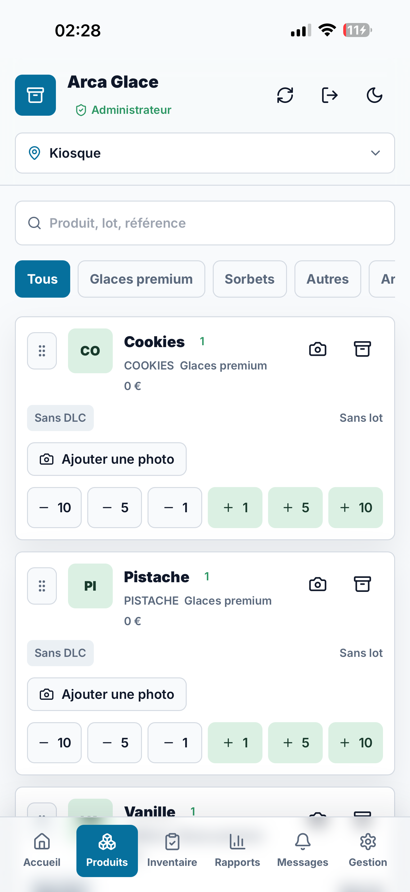 Arca Glace – Gestion de stock mobile multi-sites — vue 2